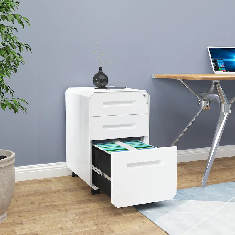 3-Drawer Mobile Steel File Cabinet with Locking Wheels, Matte Finish