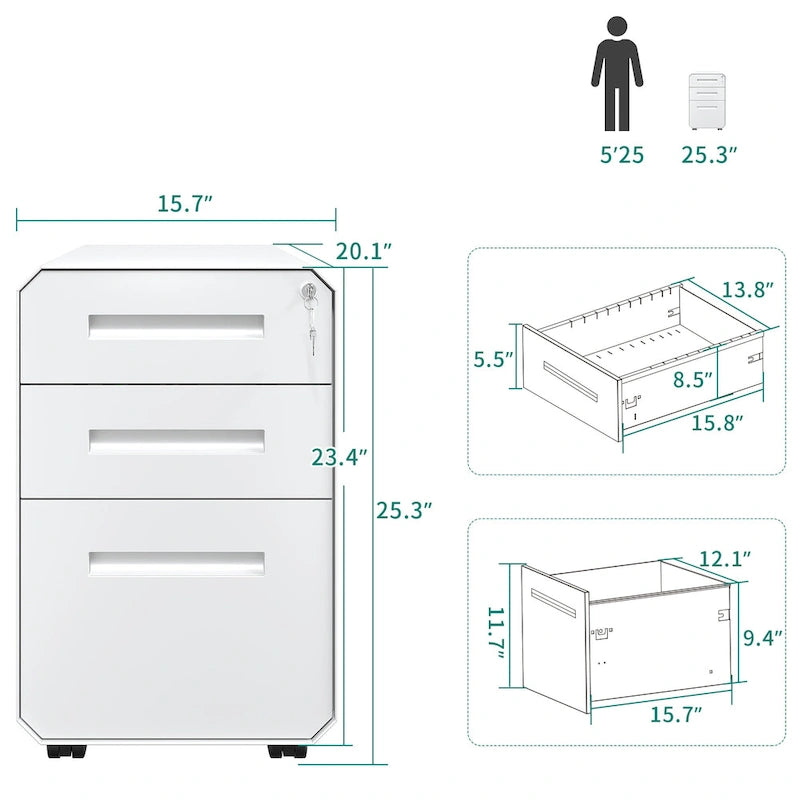 3-Drawer Mobile Steel File Cabinet with Locking Wheels, Matte Finish
