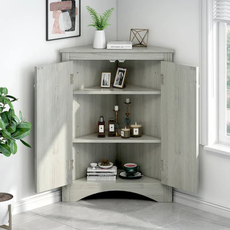 Grey Triangle Corner Bathroom Storage Cabinet with Adjustable Shelves