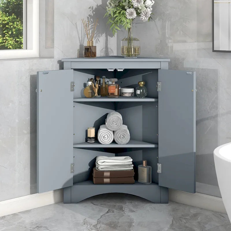 Grey Triangle Corner Bathroom Storage Cabinet with Adjustable Shelves