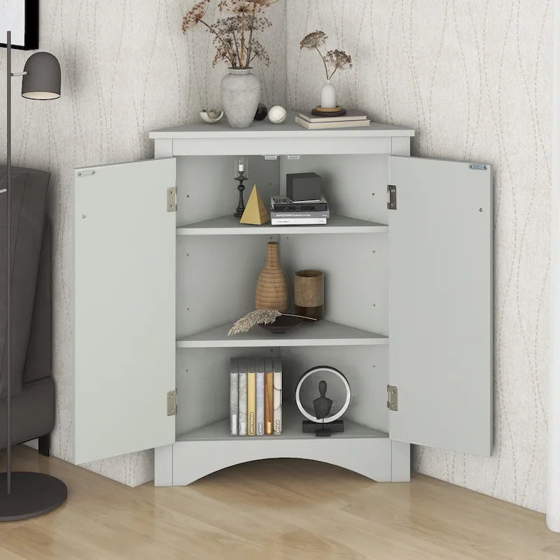 Grey Triangle Corner Bathroom Storage Cabinet with Adjustable Shelves
