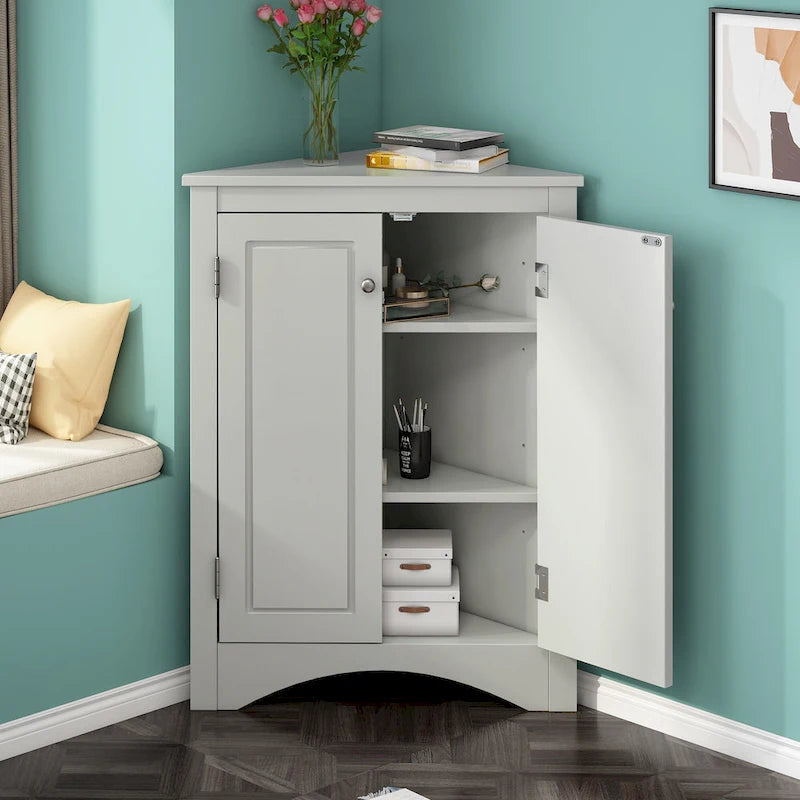Grey Triangle Corner Bathroom Storage Cabinet with Adjustable Shelves