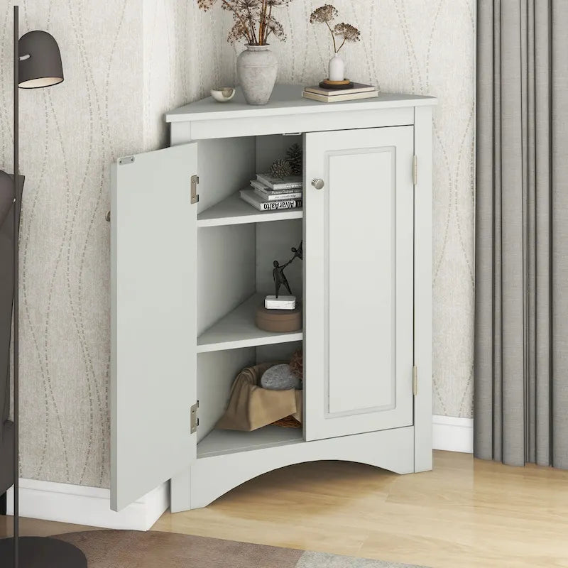 Grey Triangle Corner Bathroom Storage Cabinet with Adjustable Shelves