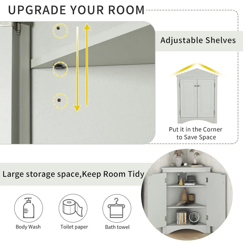 Grey Triangle Corner Bathroom Storage Cabinet with Adjustable Shelves