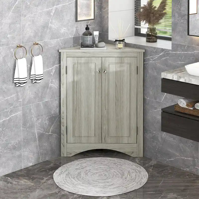 Grey Triangle Corner Bathroom Storage Cabinet with Adjustable Shelves