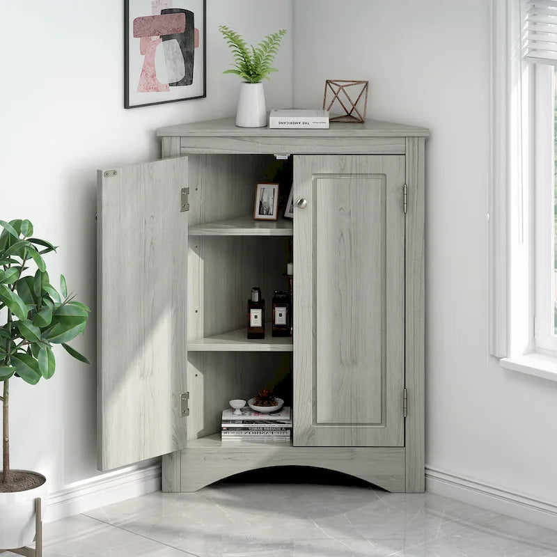 Grey Triangle Corner Bathroom Storage Cabinet with Adjustable Shelves