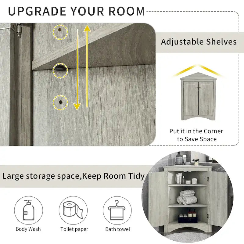 Grey Triangle Corner Bathroom Storage Cabinet with Adjustable Shelves