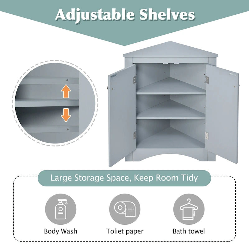 Grey Triangle Corner Bathroom Storage Cabinet with Adjustable Shelves