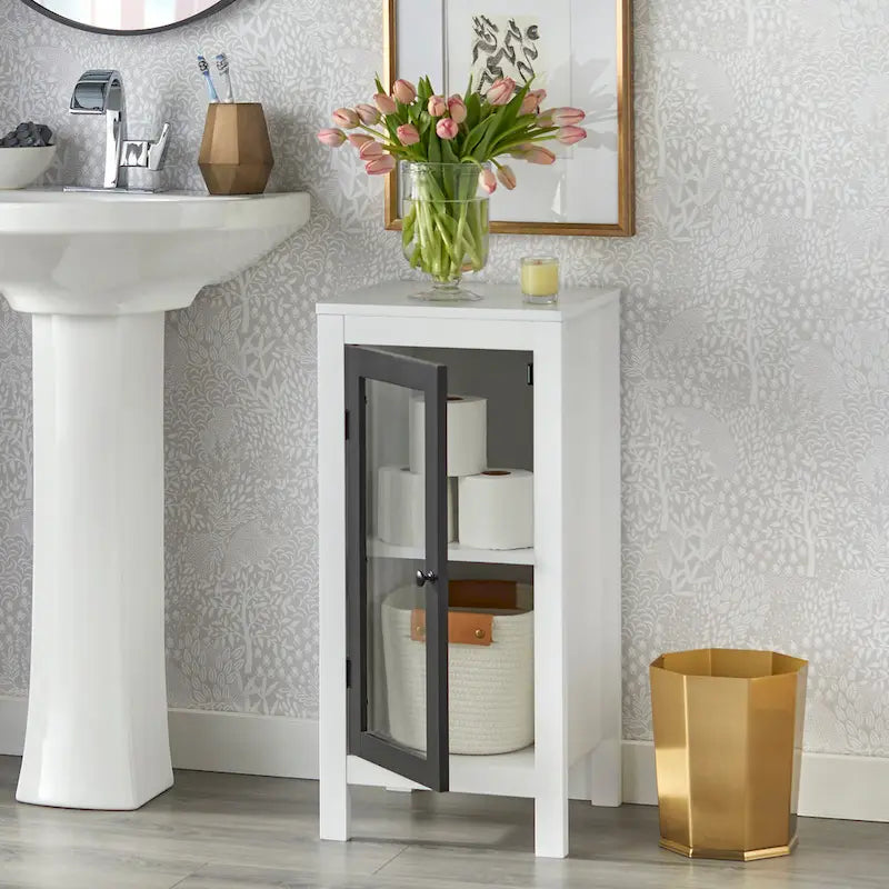 White Bathroom Floor Cabinet with Tempered Glass Door, Adjustable Shelf and Pine Wood Legs