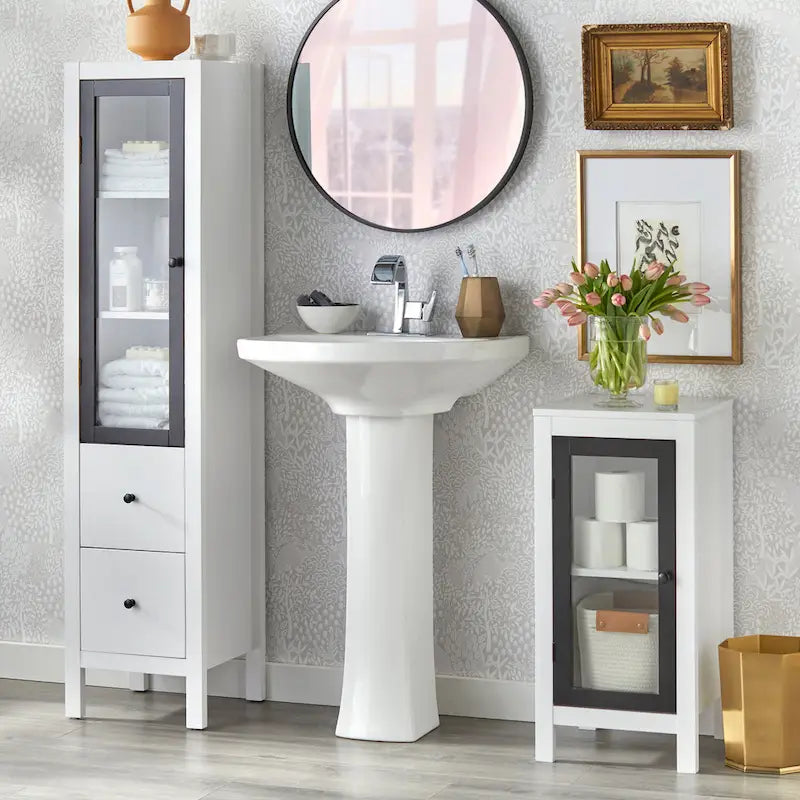White Bathroom Floor Cabinet with Tempered Glass Door, Adjustable Shelf and Pine Wood Legs
