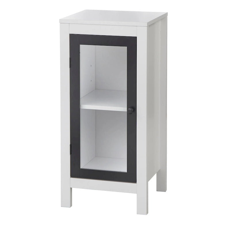 White Bathroom Floor Cabinet with Tempered Glass Door, Adjustable Shelf and Pine Wood Legs