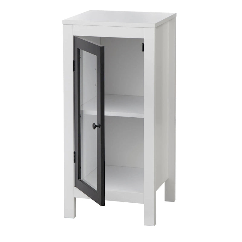 White Bathroom Floor Cabinet with Tempered Glass Door, Adjustable Shelf and Pine Wood Legs