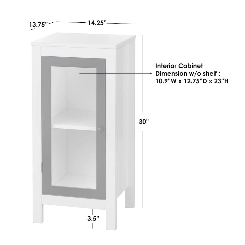 White Bathroom Floor Cabinet with Tempered Glass Door, Adjustable Shelf and Pine Wood Legs
