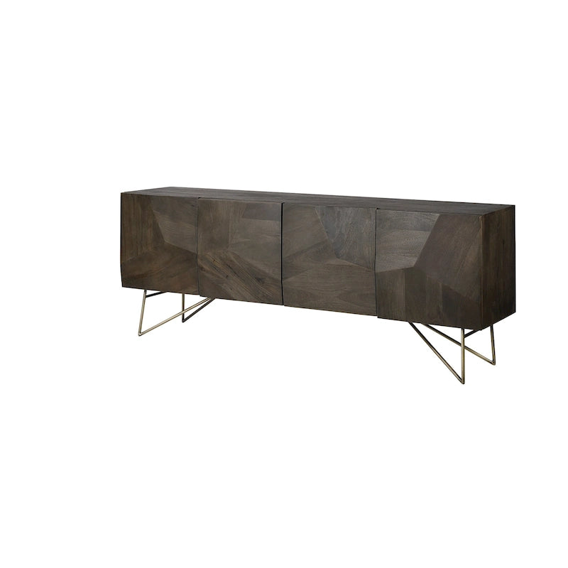 4-Door Solid Wood Sideboard with Gold Metal Base, Brown Finish, 80.1x17.3x29.9