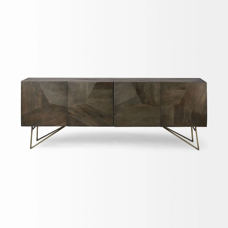 4-Door Solid Wood Sideboard with Gold Metal Base, Brown Finish, 80.1x17.3x29.9