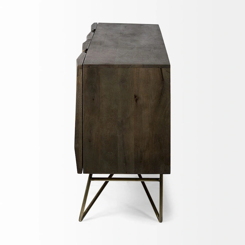 4-Door Solid Wood Sideboard with Gold Metal Base, Brown Finish, 80.1x17.3x29.9