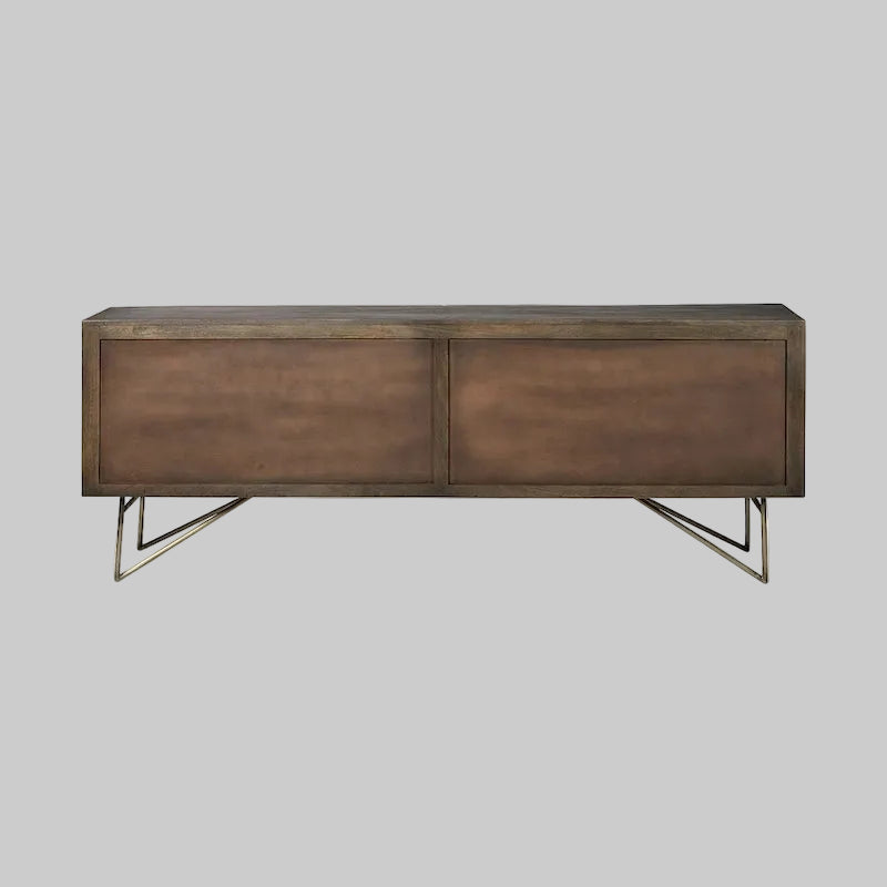 4-Door Solid Wood Sideboard with Gold Metal Base, Brown Finish, 80.1x17.3x29.9