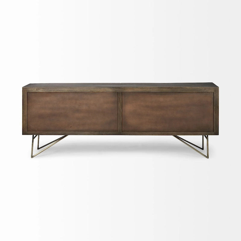4-Door Solid Wood Sideboard with Gold Metal Base, Brown Finish, 80.1x17.3x29.9