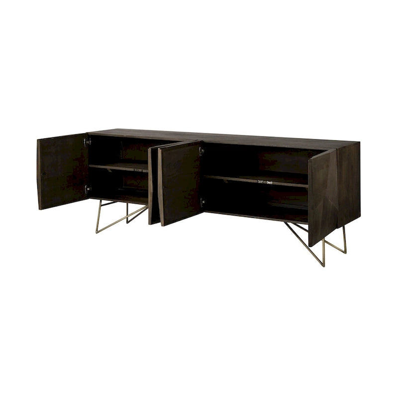 4-Door Solid Wood Sideboard with Gold Metal Base, Brown Finish, 80.1x17.3x29.9