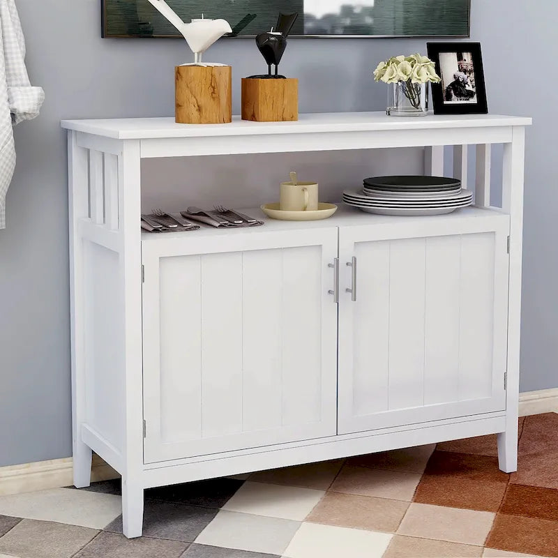 White and Black Kitchen Sideboard Buffet Cabinet with 2 Doors and Adjustable Shelf, 40x16x34