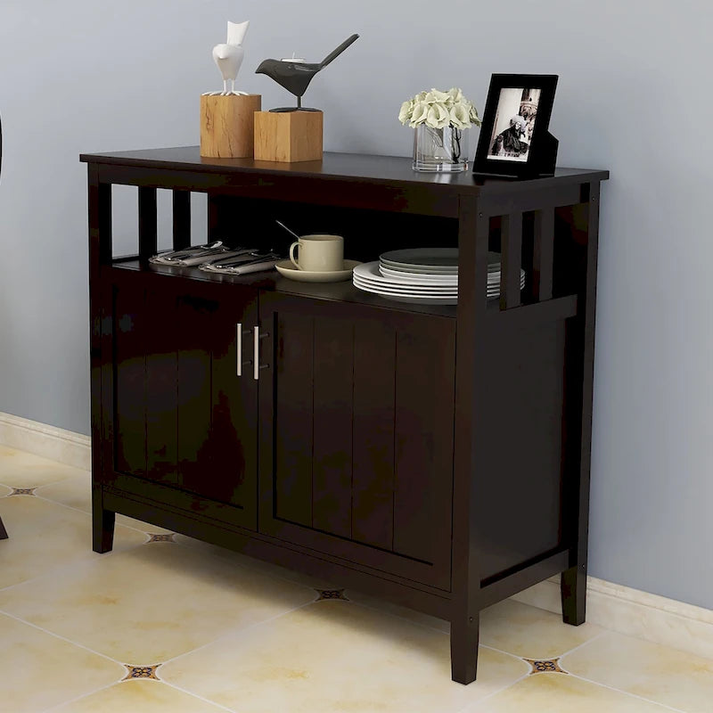 White and Black Kitchen Sideboard Buffet Cabinet with 2 Doors and Adjustable Shelf, 40x16x34