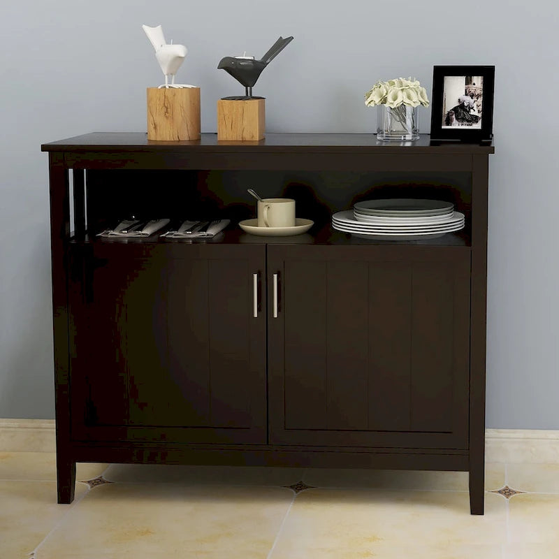 White and Black Kitchen Sideboard Buffet Cabinet with 2 Doors and Adjustable Shelf, 40x16x34