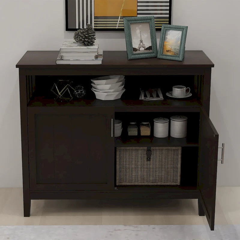 White and Black Kitchen Sideboard Buffet Cabinet with 2 Doors and Adjustable Shelf, 40x16x34