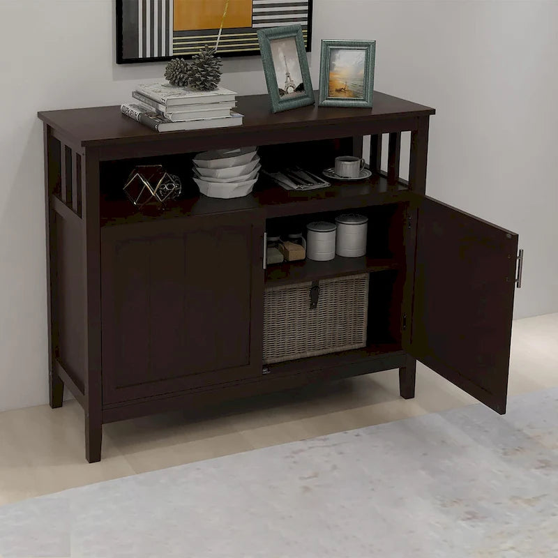 White and Black Kitchen Sideboard Buffet Cabinet with 2 Doors and Adjustable Shelf, 40x16x34
