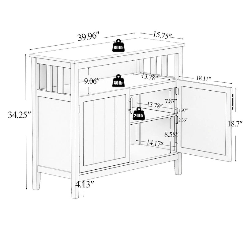 White and Black Kitchen Sideboard Buffet Cabinet with 2 Doors and Adjustable Shelf, 40x16x34