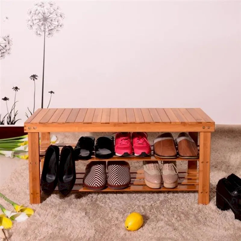 3-Tier Bamboo Shoe Rack with Seat Stool Function, 35.43x11.02x17.72 inches