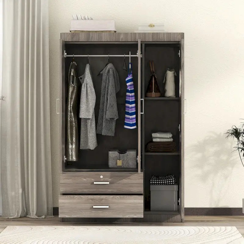 3-Door Wood Wardrobe with Drawers