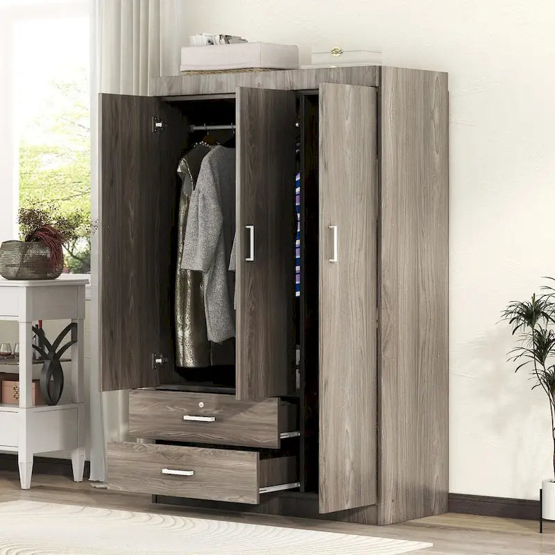 3-Door Wood Wardrobe with Drawers
