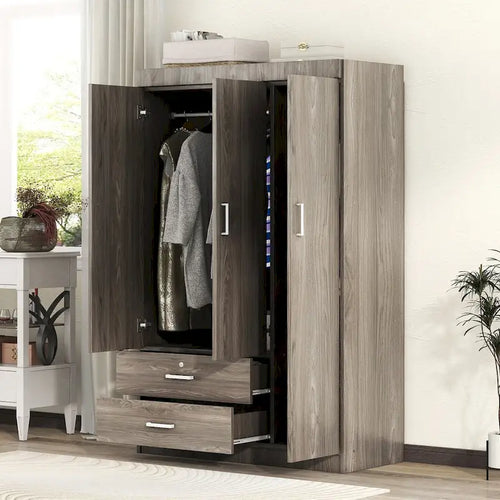 3-Door Wood Wardrobe with Drawers