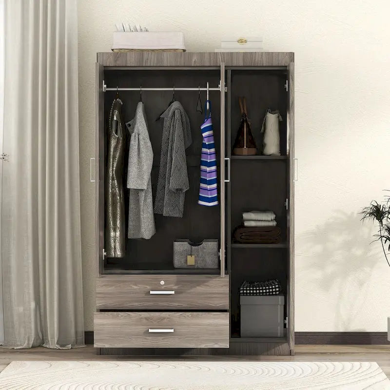 3-Door Wood Wardrobe with Drawers