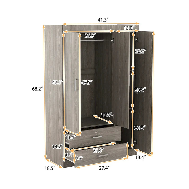 3-Door Wood Wardrobe with Drawers