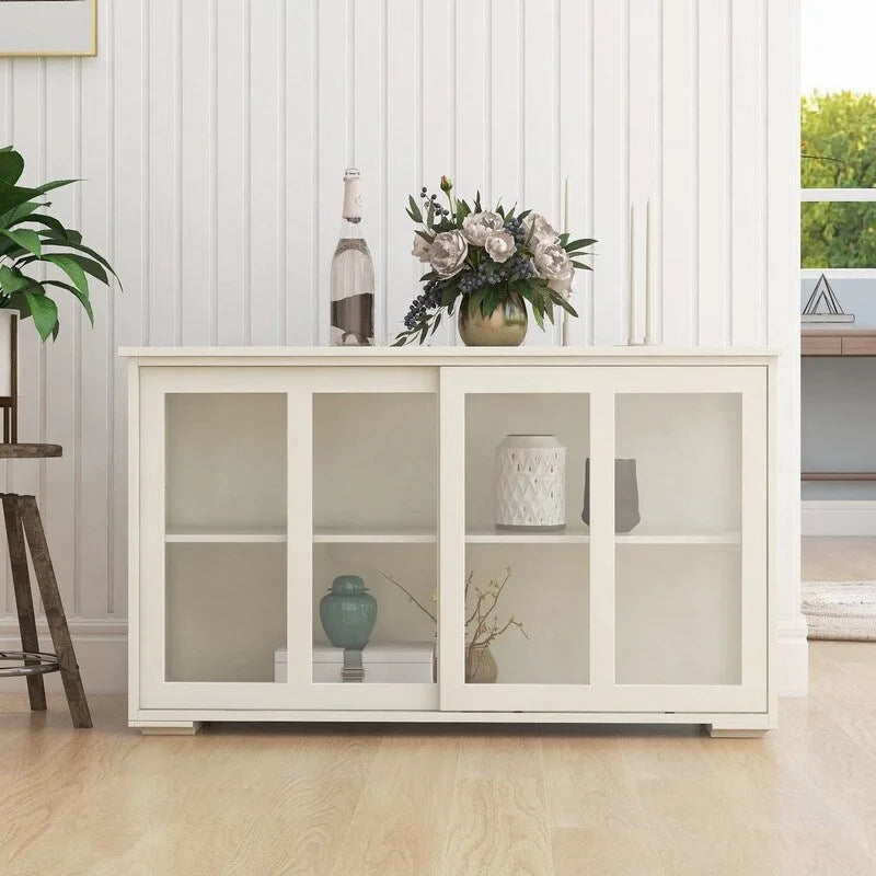 White Kitchen Storage Stand Cupboard with Glass Door