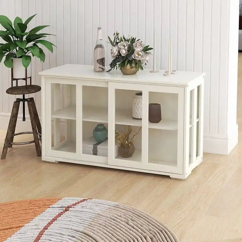 White Kitchen Storage Stand Cupboard with Glass Door