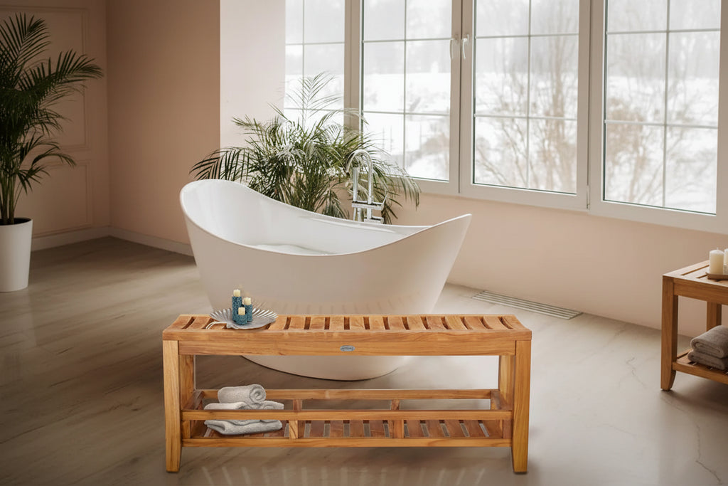 Teak Wood Shower Stool and Bench with Lower Shelf, 47 inches