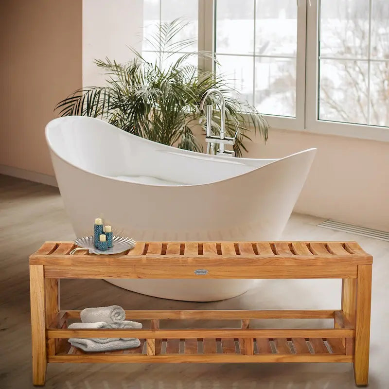 Teak Wood Shower Stool and Bench with Lower Shelf, 47 inches