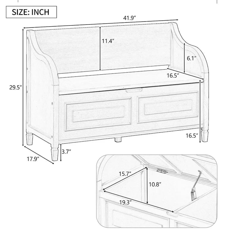 Rustic Solid Wood Entryway Storage Bench with Safety Hinge and Hidden Storage, 5 Colors