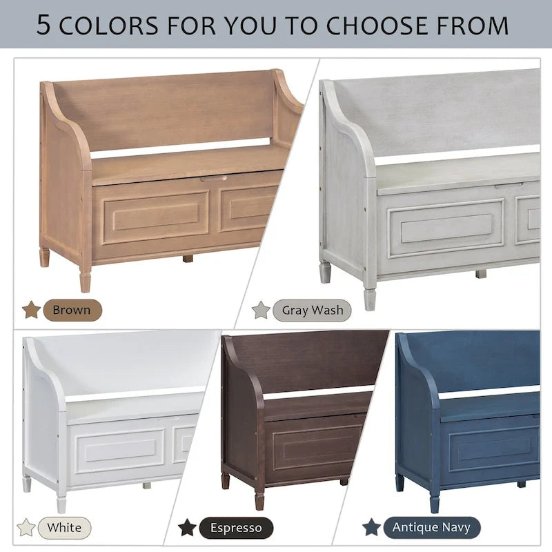 Rustic Solid Wood Entryway Storage Bench with Safety Hinge and Hidden Storage, 5 Colors