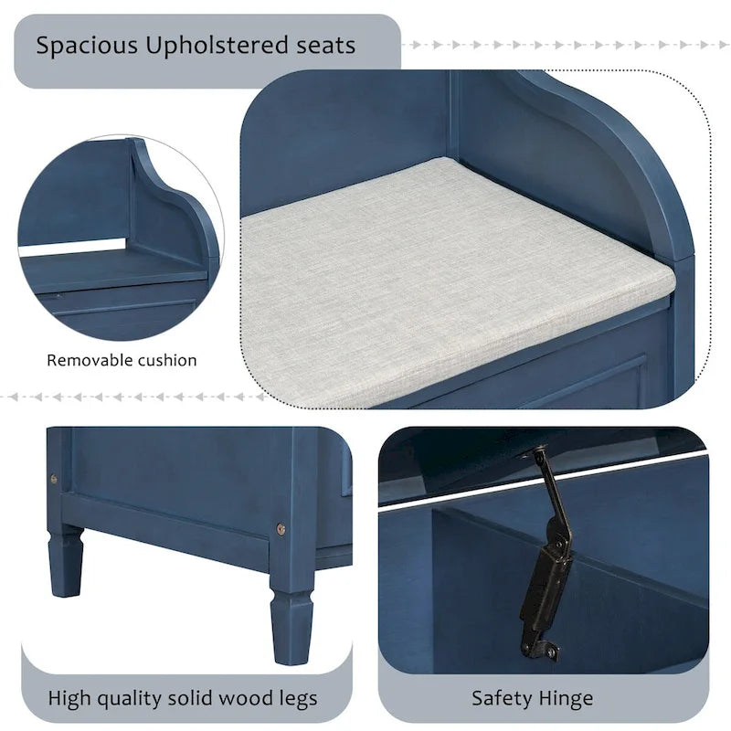 Rustic Solid Wood Entryway Storage Bench with Safety Hinge and Hidden Storage, 5 Colors