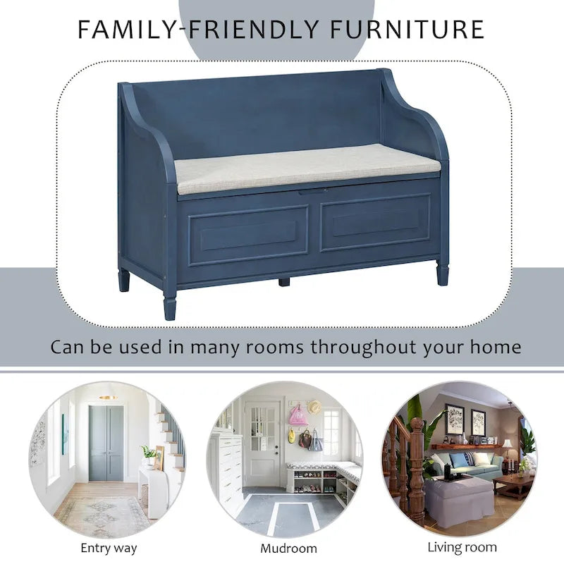 Rustic Solid Wood Entryway Storage Bench with Safety Hinge and Hidden Storage, 5 Colors