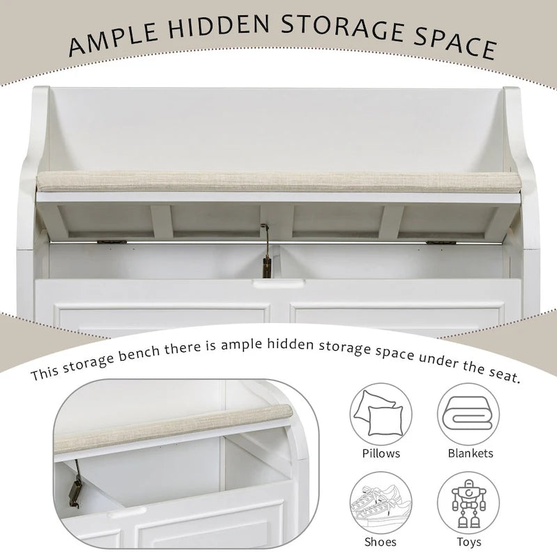 Rustic Solid Wood Entryway Storage Bench with Safety Hinge and Hidden Storage, 5 Colors