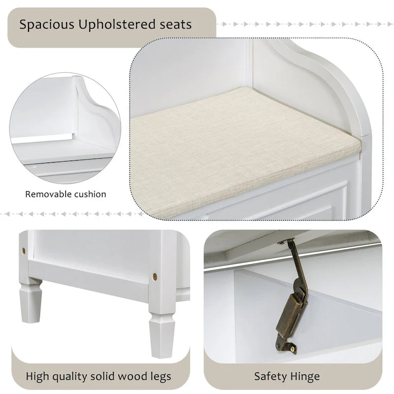 Rustic Solid Wood Entryway Storage Bench with Safety Hinge and Hidden Storage, 5 Colors