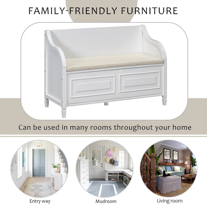 Rustic Solid Wood Entryway Storage Bench with Safety Hinge and Hidden Storage, 5 Colors