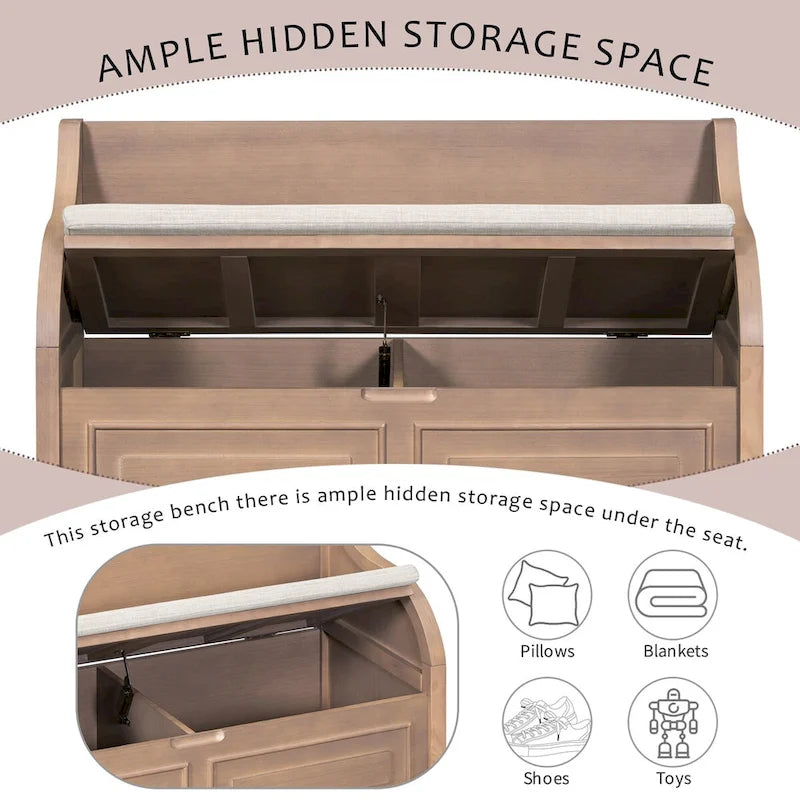 Rustic Solid Wood Entryway Storage Bench with Safety Hinge and Hidden Storage, 5 Colors