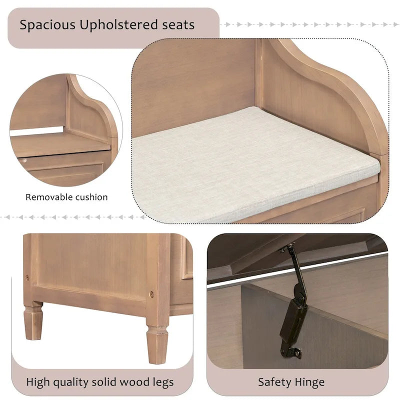 Rustic Solid Wood Entryway Storage Bench with Safety Hinge and Hidden Storage, 5 Colors