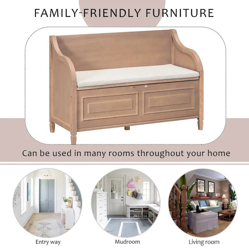 Rustic Solid Wood Entryway Storage Bench with Safety Hinge and Hidden Storage, 5 Colors