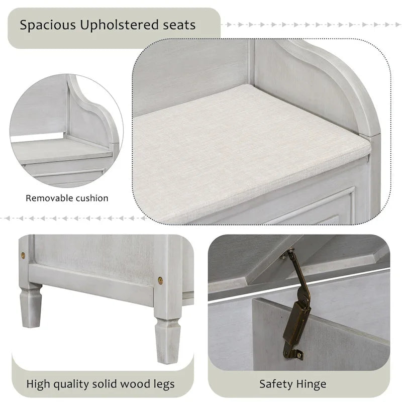 Rustic Solid Wood Entryway Storage Bench with Safety Hinge and Hidden Storage, 5 Colors